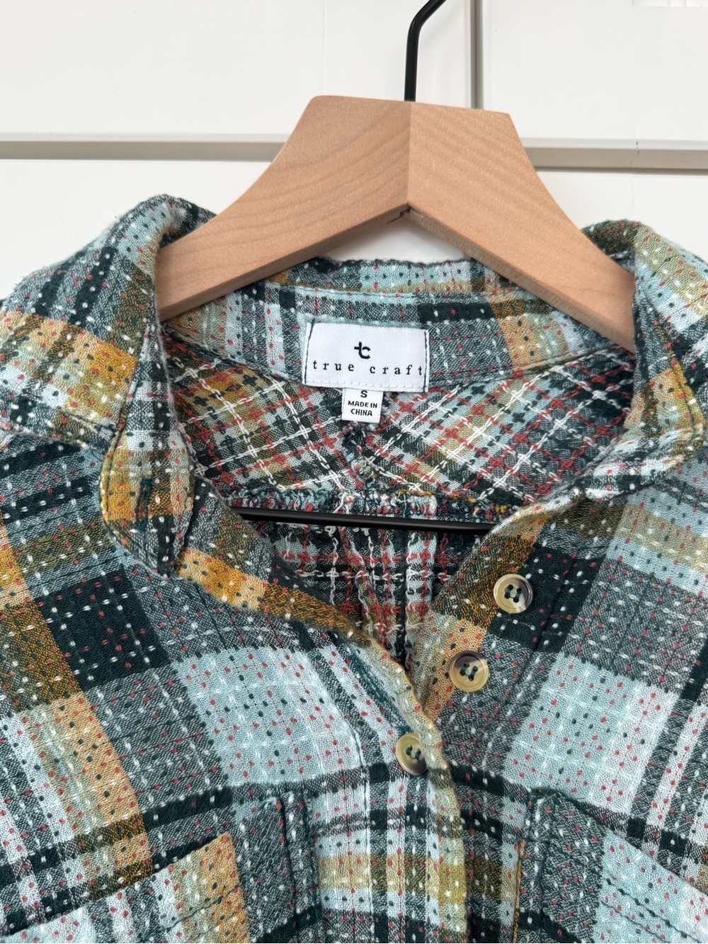 True Craft Cropped Teal, Mustard and Black Plaid Button Shirt - Size Small - Picture 2 of 5